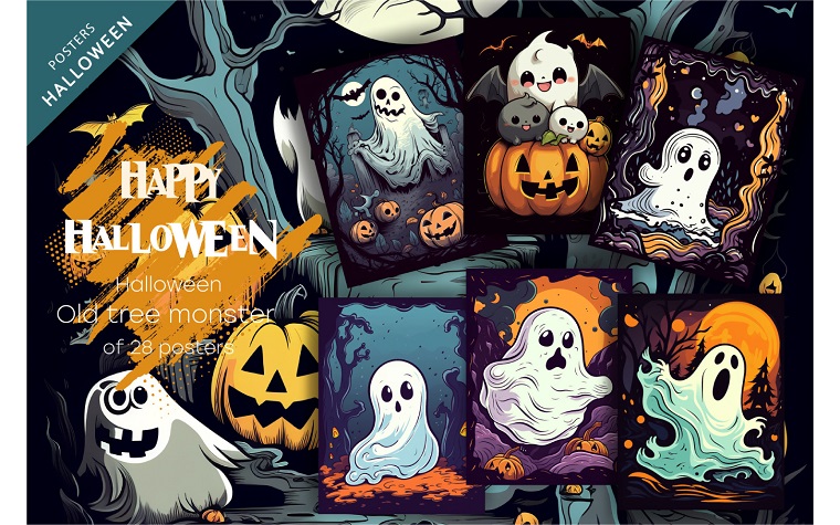 Fantasma de Halloween con calabazas.