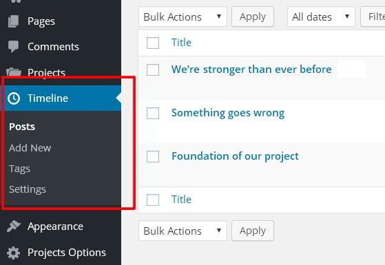 Admin menu of TM Timeline Plugin