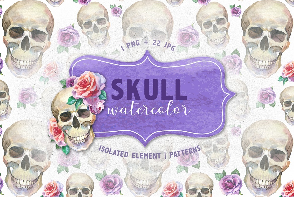 Cool Skull Print PNG Watercolor Creative Set Illustration